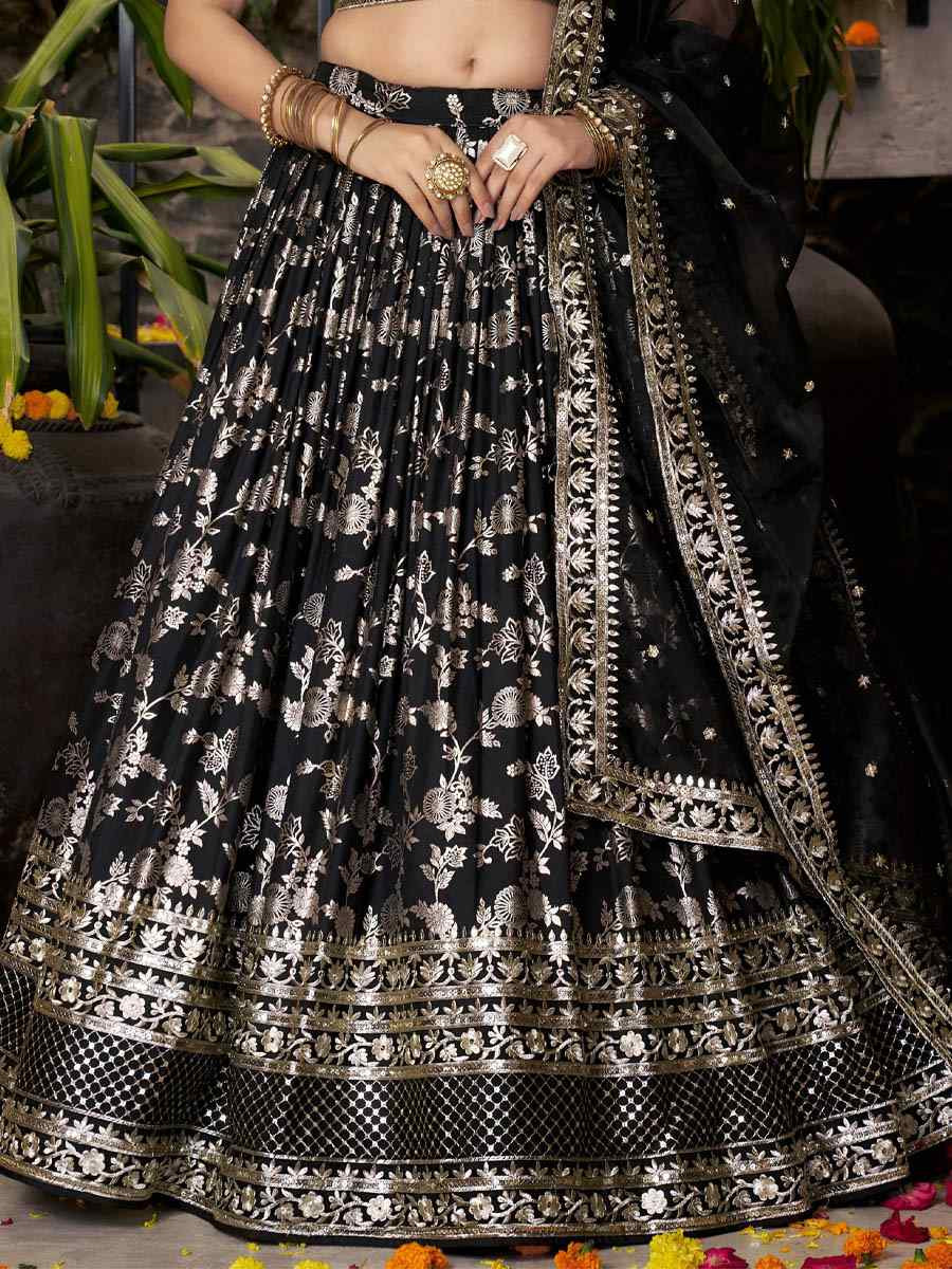 Black Dola Silk Jacquard Embroidered Reception Wedding Bridal Lehenga Choli