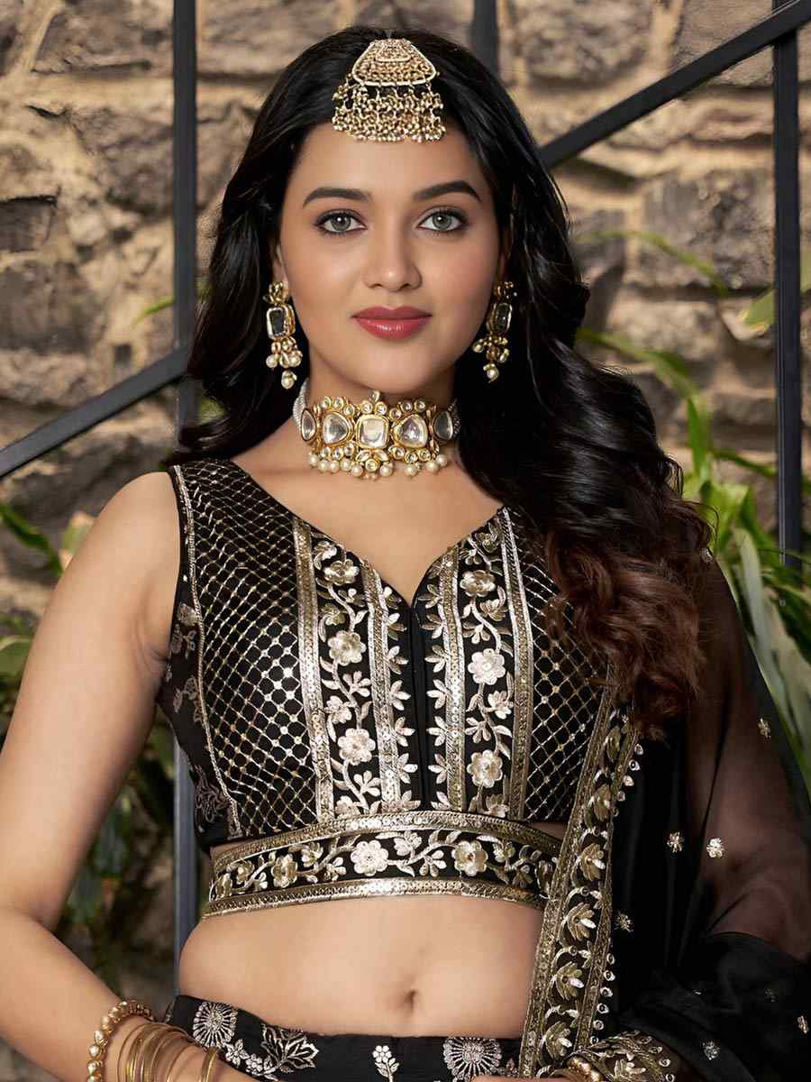 Black Dola Silk Jacquard Embroidered Reception Wedding Bridal Lehenga Choli