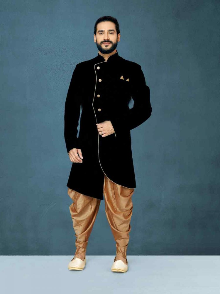 Black Dupion Art Silk Cutwork Wedding Party Sherwani