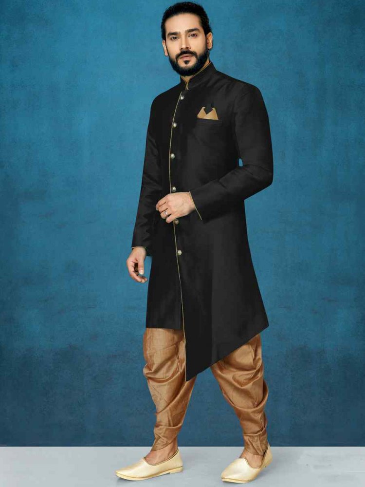 Black Dupion Art Silk Cutwork Wedding Party Sherwani