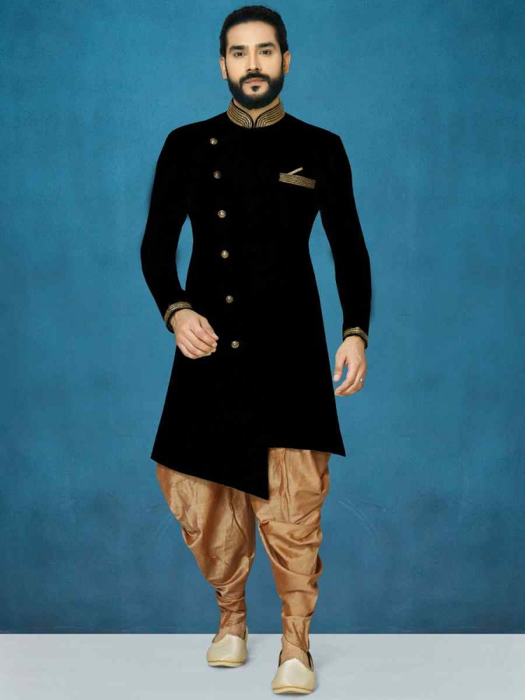 Black Dupion Art Silk Cutwork Wedding Party Sherwani