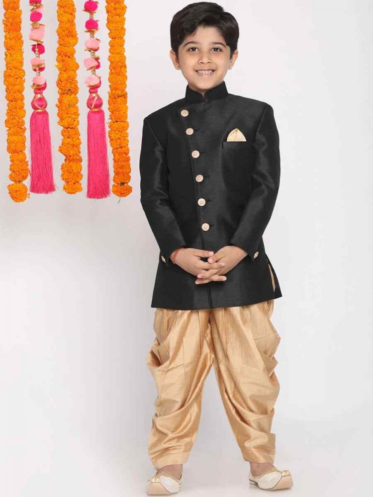 Black Dupion Silk Brocade Festival Traditional Kurta Dhoti Boys Wear