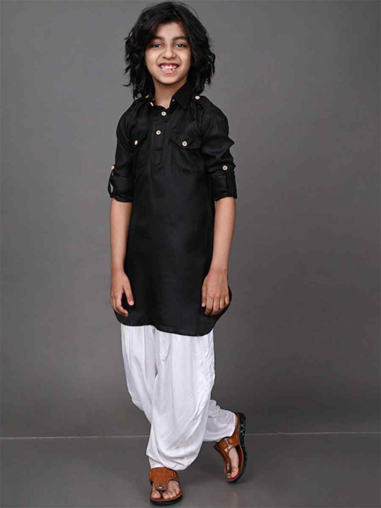 Black Dupion Silk Brocade Festival Traditional Kurta Dhoti Boys Wear