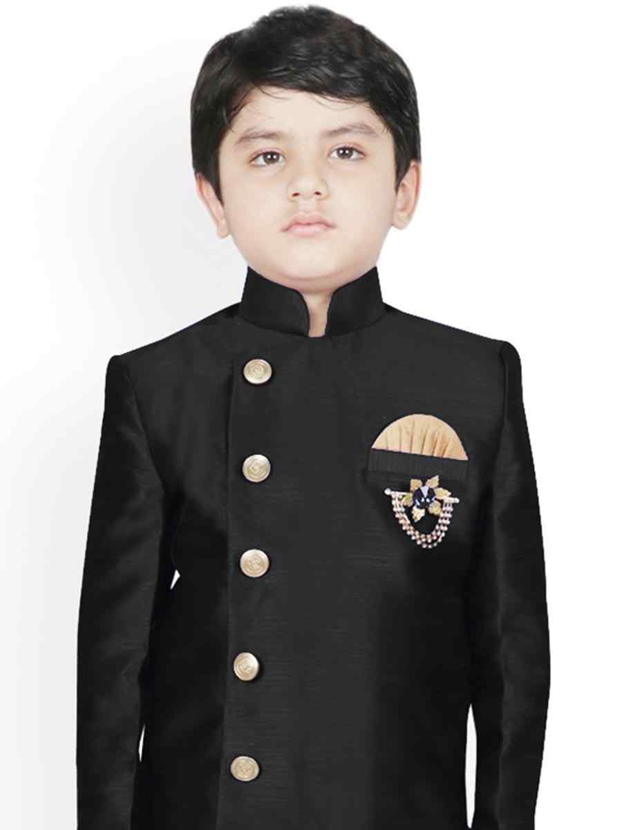 Black Dupion Silk Brocade Festival Traditional Kurta Dhoti Boys Wear
