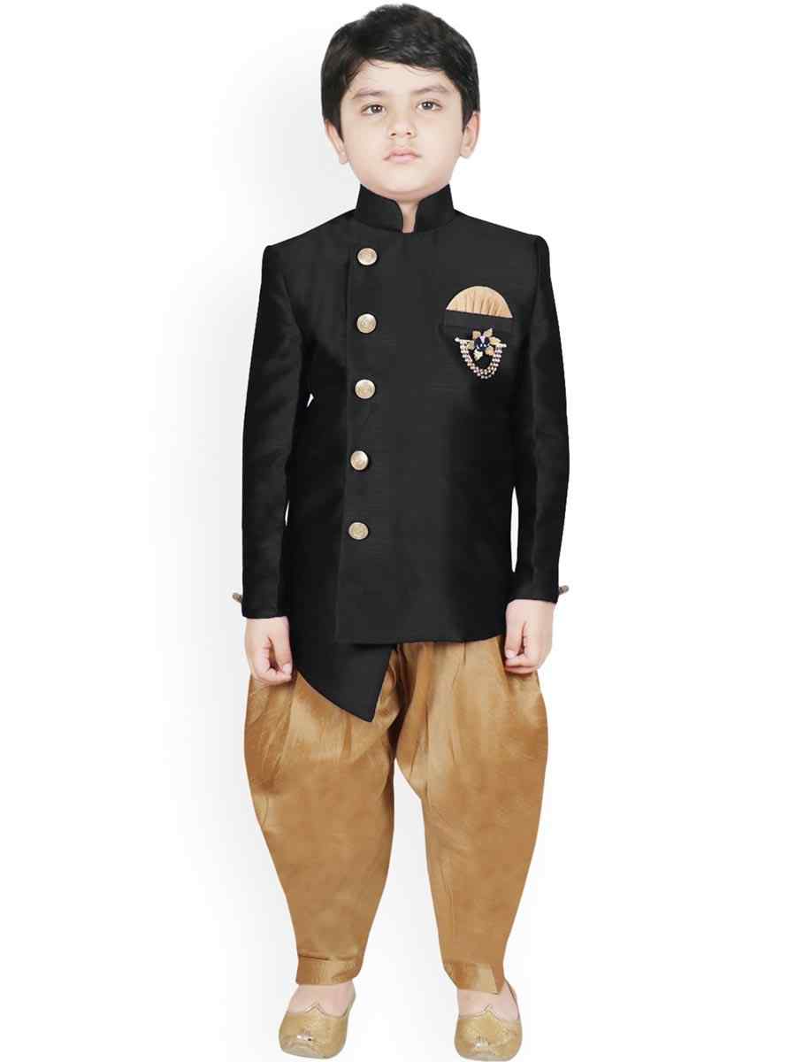 Black Dupion Silk Brocade Festival Traditional Kurta Dhoti Boys Wear