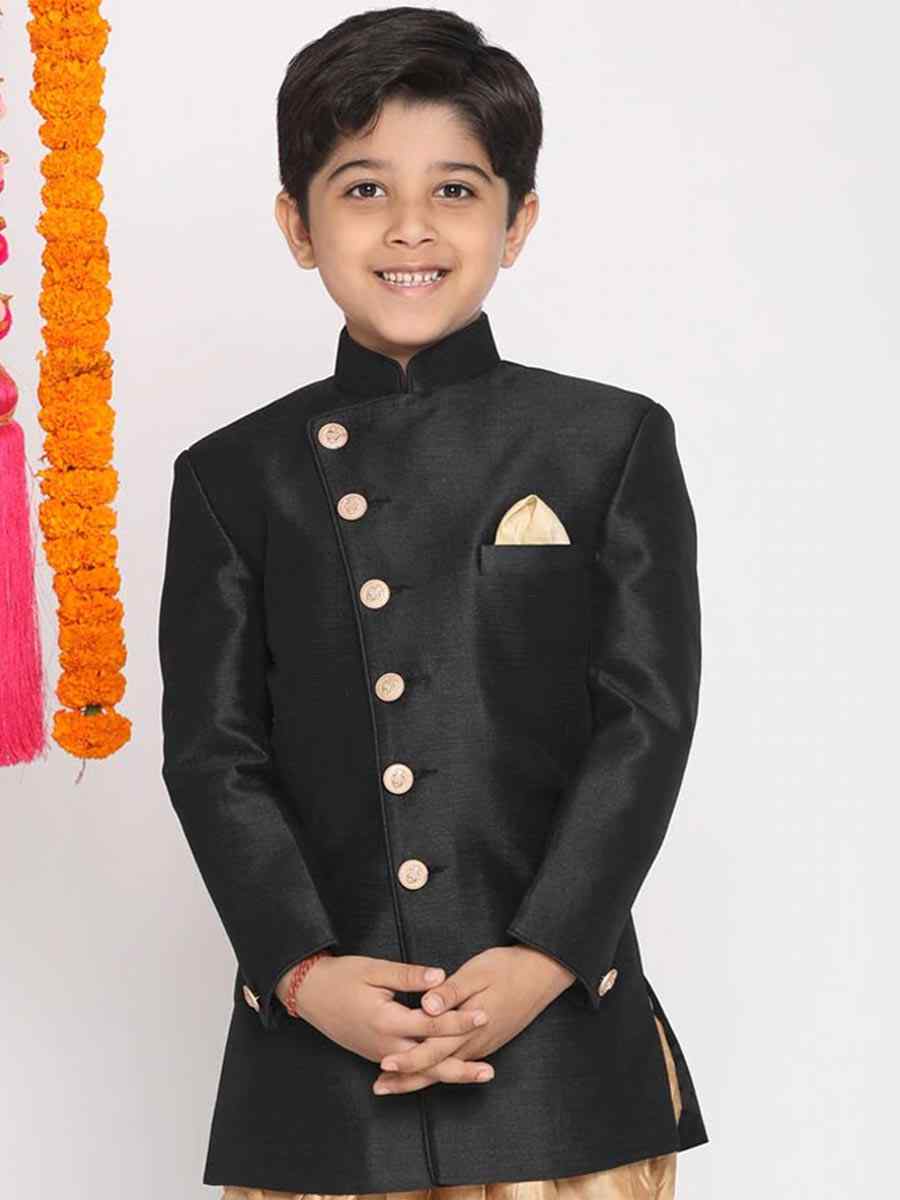 Black Dupion Silk Brocade Festival Traditional Kurta Dhoti Boys Wear