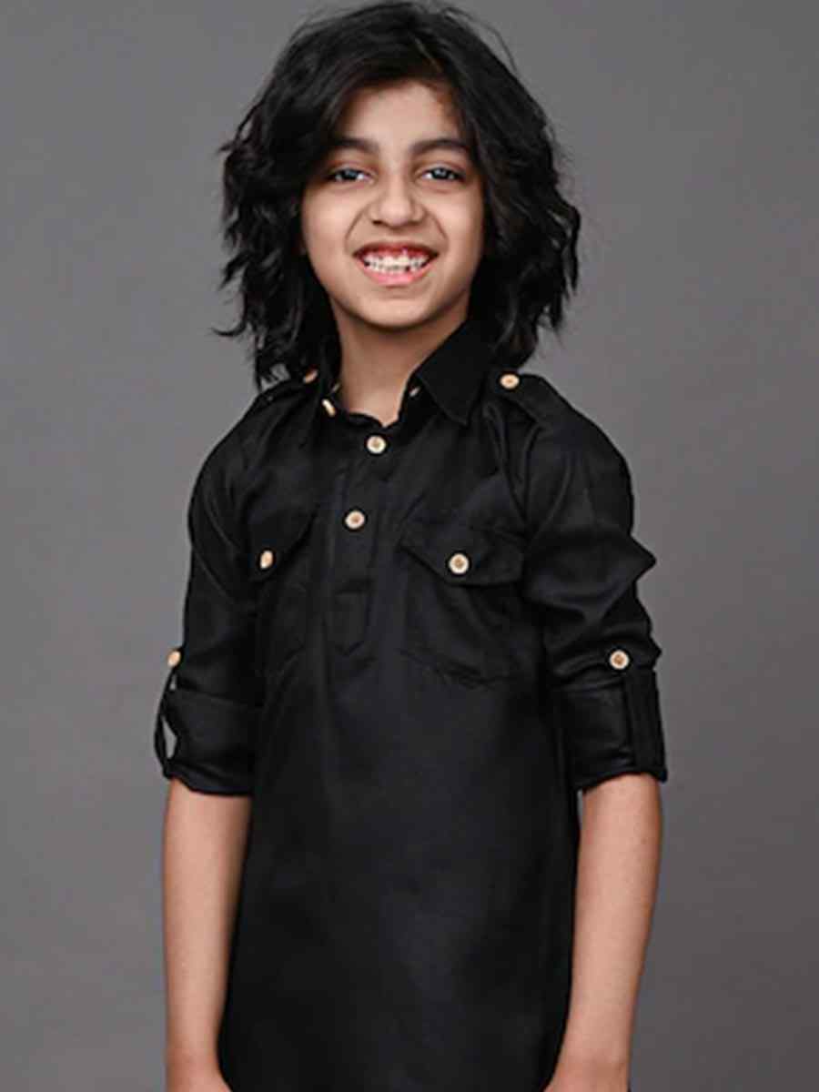 Black Dupion Silk Brocade Festival Traditional Kurta Dhoti Boys Wear