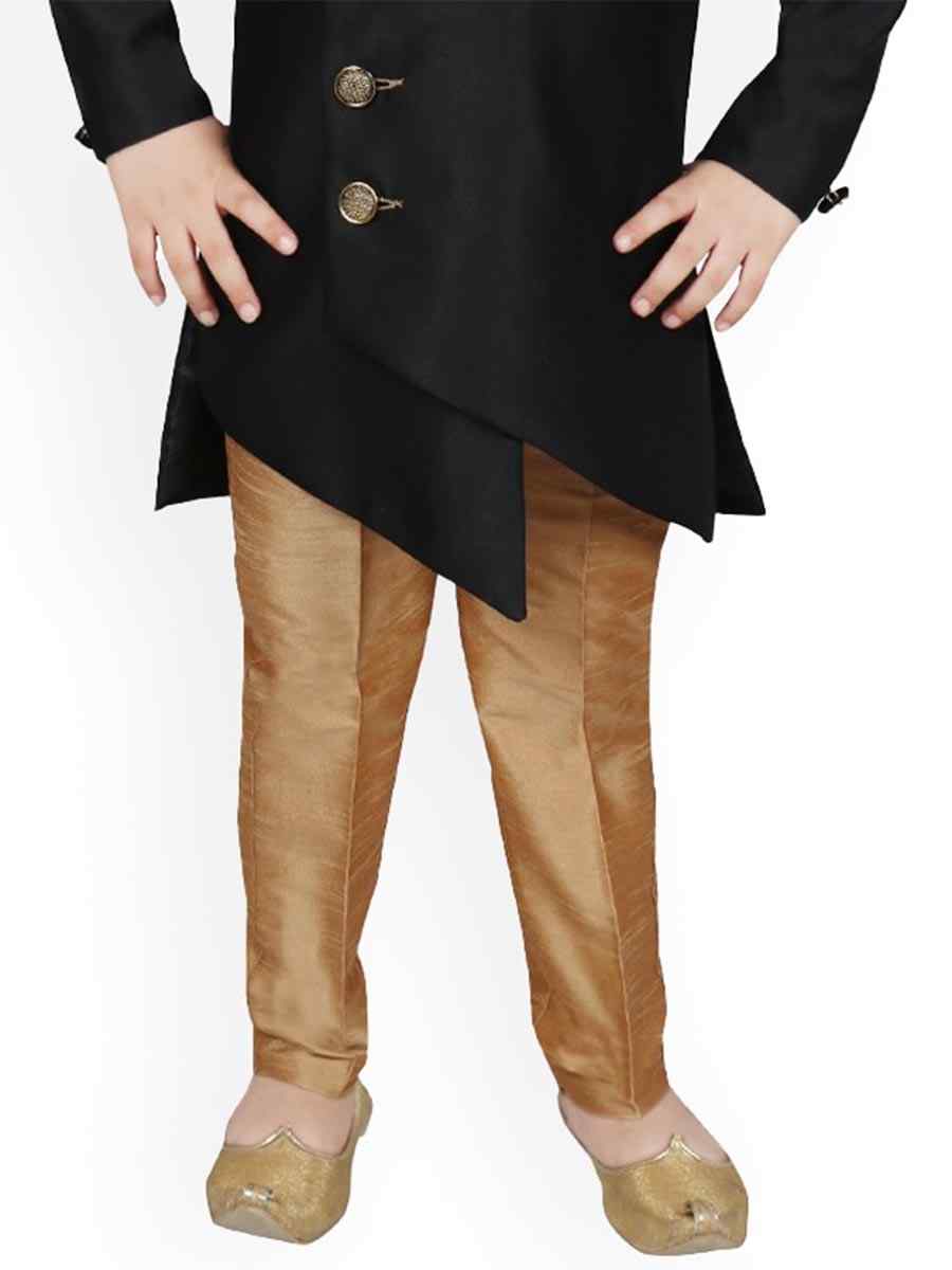 Black Dupion Silk Brocade Festival Traditional Kurta Pyjama Boys Wear