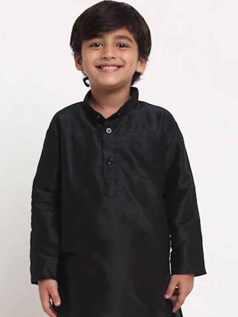 Black Dupion Silk Brocade Festival Traditional Kurta Pyjama Boys Wear