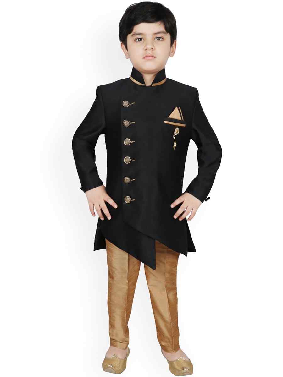 Black Dupion Silk Brocade Festival Traditional Kurta Pyjama Boys Wear