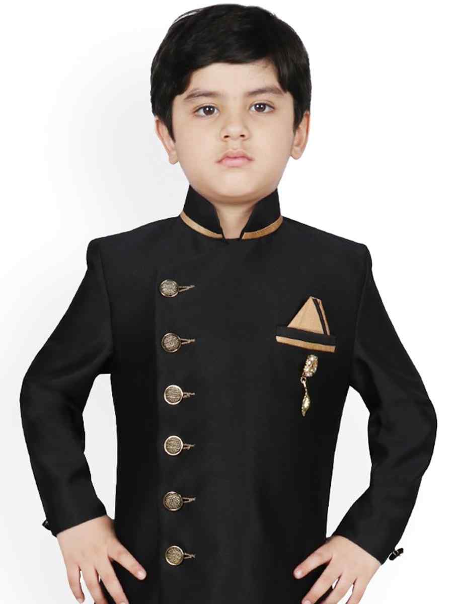 Black Dupion Silk Brocade Festival Traditional Kurta Pyjama Boys Wear