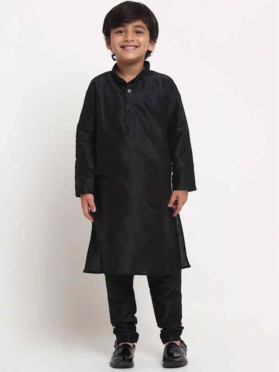 Black Dupion Silk Brocade Festival Traditional Kurta Pyjama Boys Wear