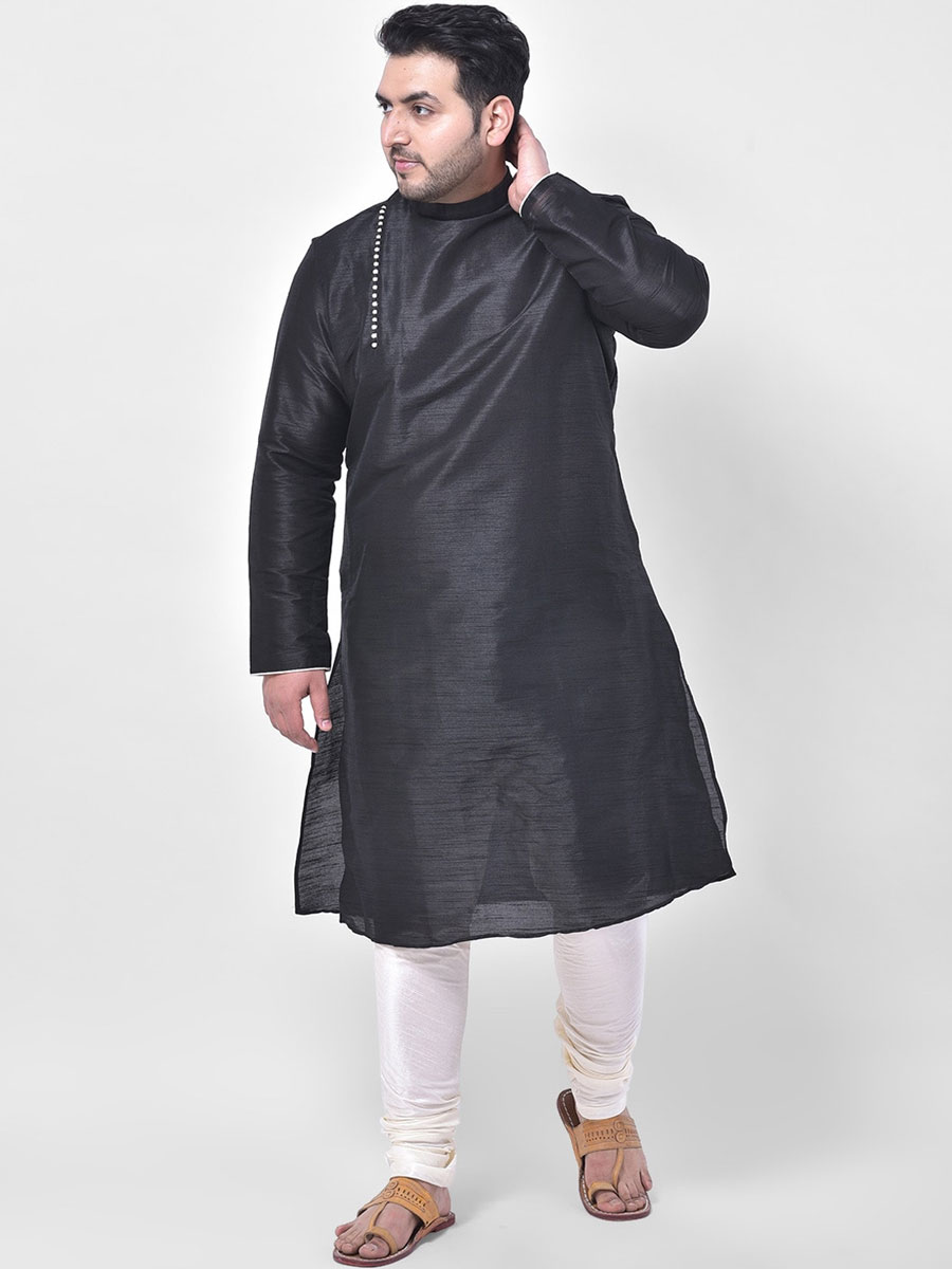 Black Dupion Silk Festival Plain Kurta