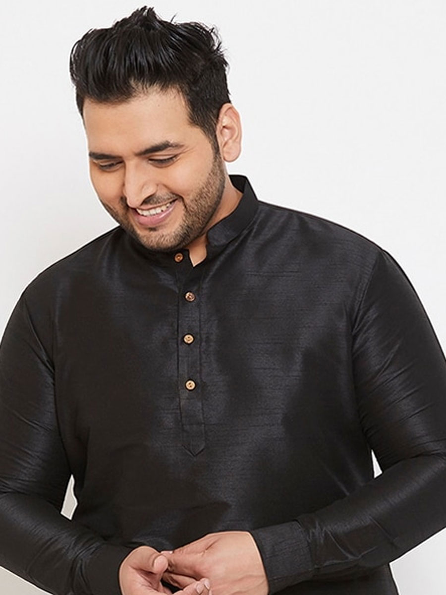 Black Dupion Silk Festival Plain Kurta