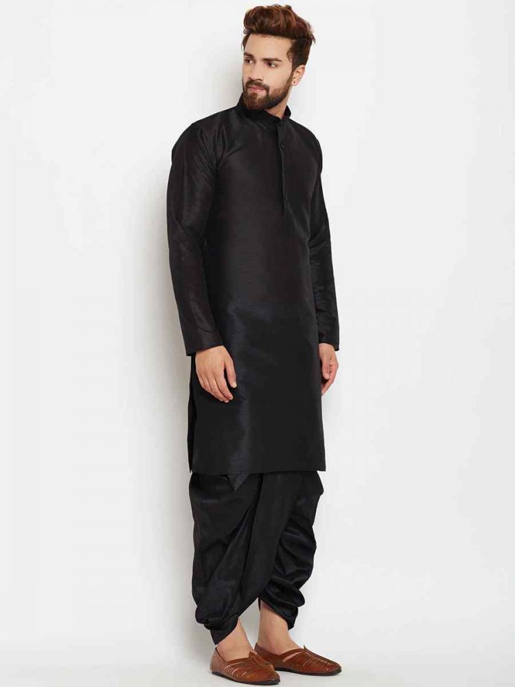 Black Dupion Silk Woven Festival Wedding Kurta