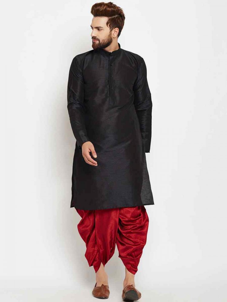 Black Dupion Silk Woven Festival Wedding Kurta