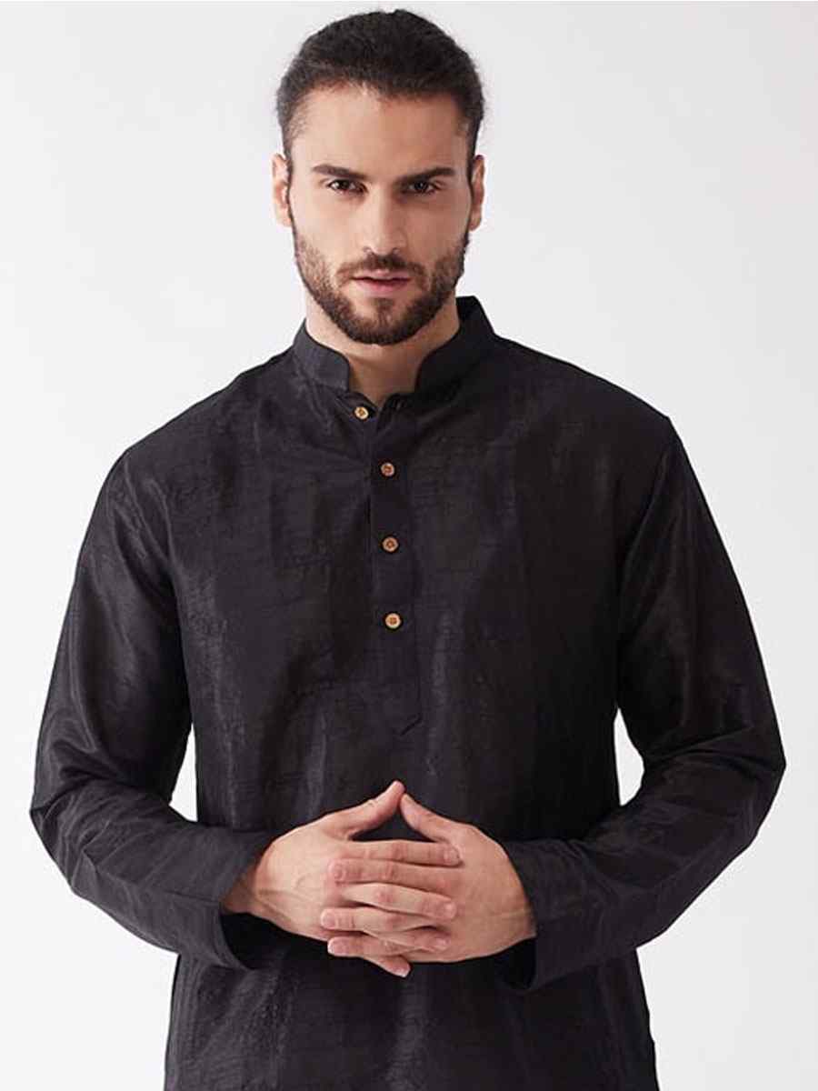 Black Dupion Silk Woven Festival Wedding Kurta