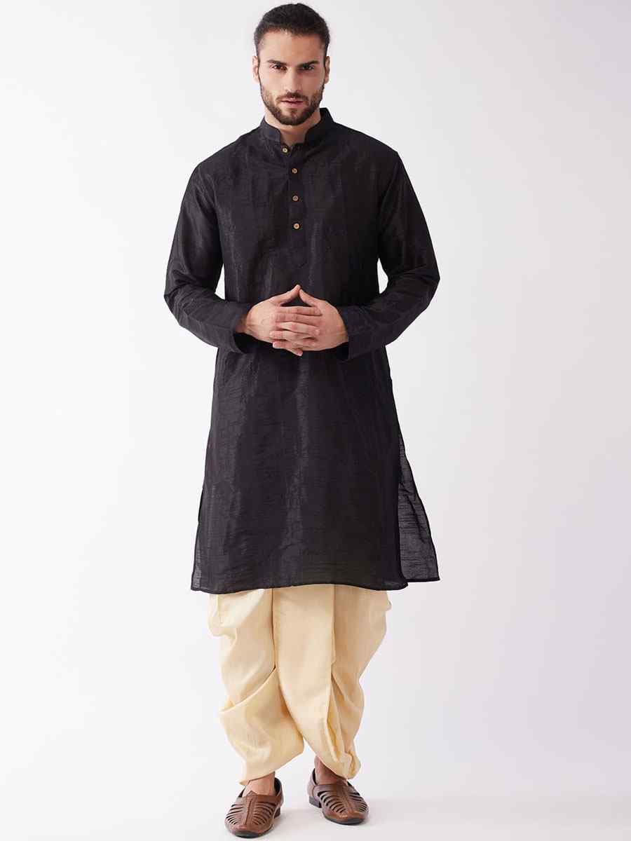 Black Dupion Silk Woven Festival Wedding Kurta
