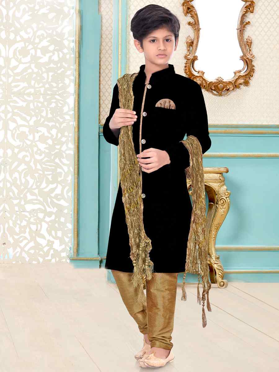Black Dupion Silk Zardosi Festival Wedding Kurta Pyjama Boys Wear