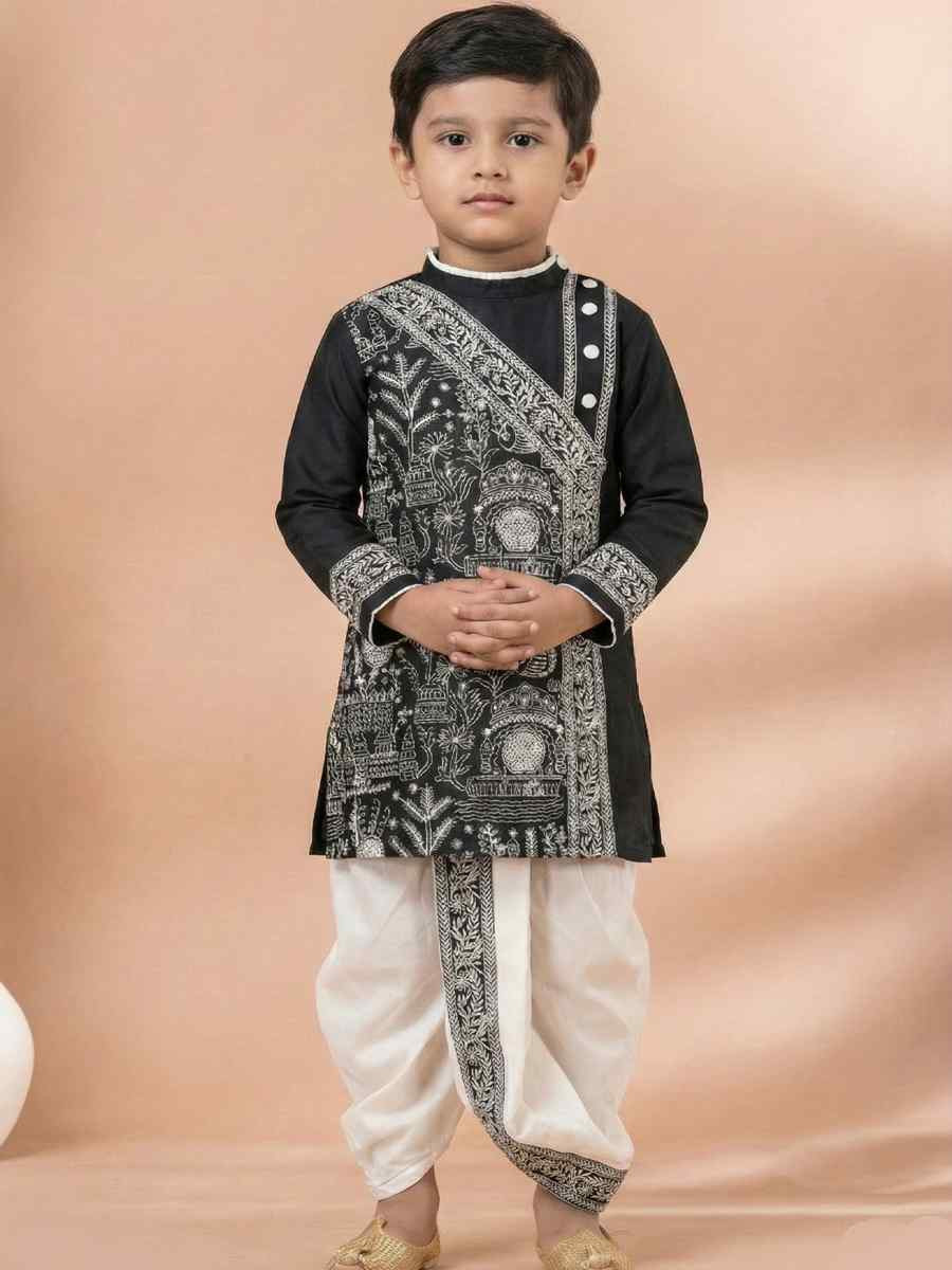 Black Embroidery Festival Traditional Kurta Dhoti Boys Wear