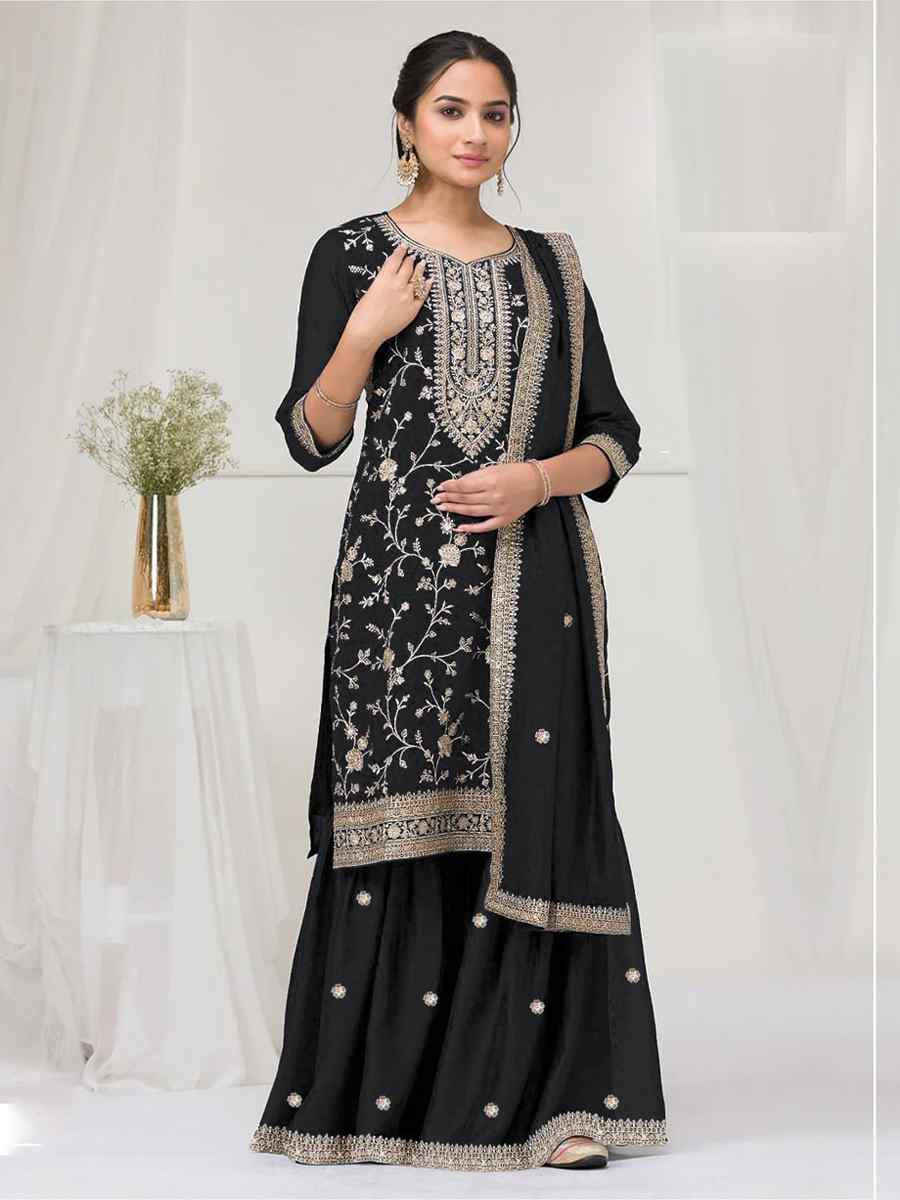 Black Fancy Blooming Vichitra Silk Embroidered Festival Wedding Palazzo Pant Salwar Kameez
