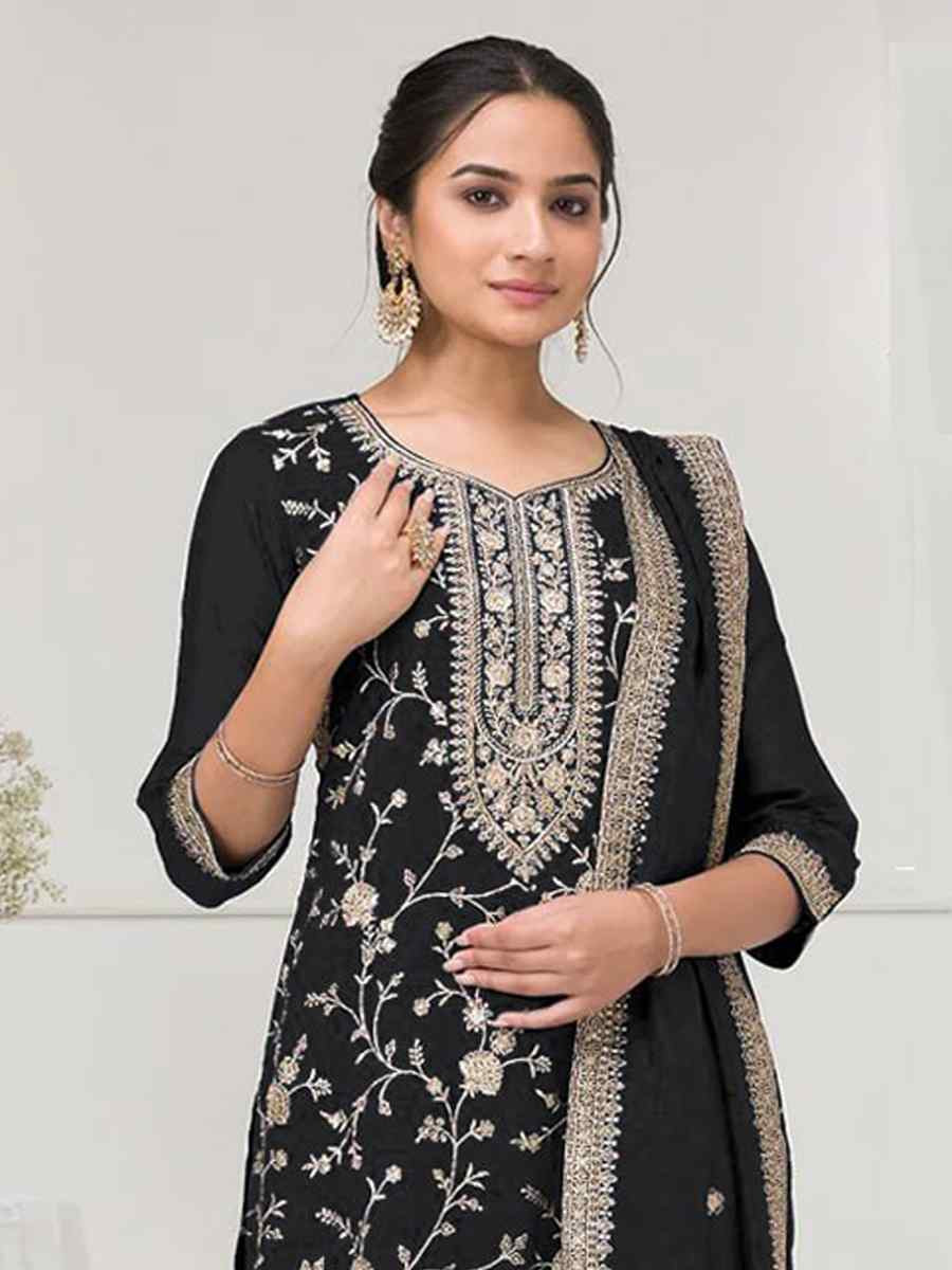 Black Fancy Blooming Vichitra Silk Embroidered Festival Wedding Palazzo Pant Salwar Kameez