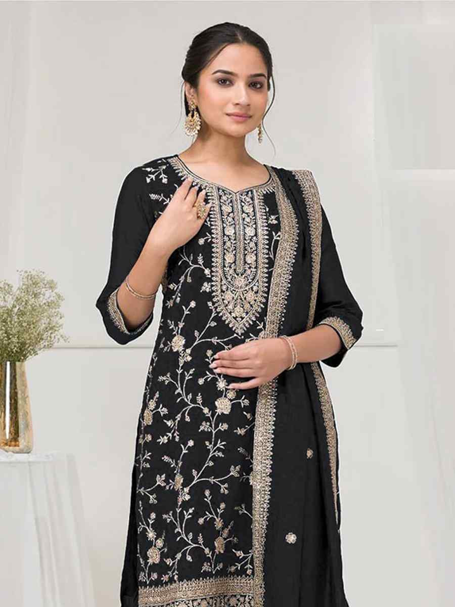 Black Fancy Blooming Vichitra Silk Embroidered Festival Wedding Palazzo Pant Salwar Kameez