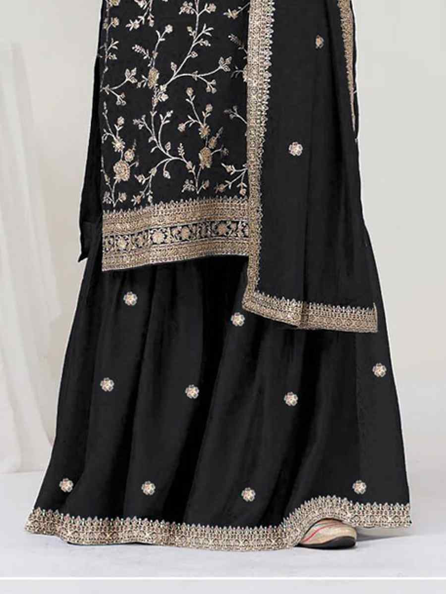Black Fancy Blooming Vichitra Silk Embroidered Festival Wedding Palazzo Pant Salwar Kameez