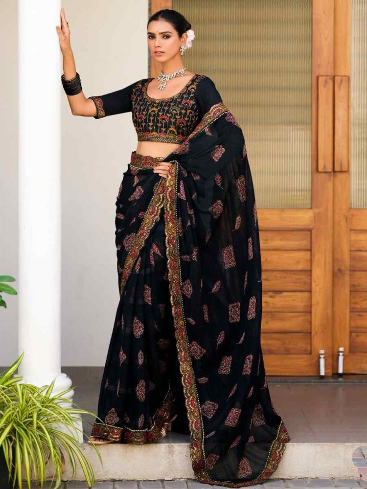 Black Fancy Georgette Embroidered Festival Wedding Fancy Heavy Border Saree