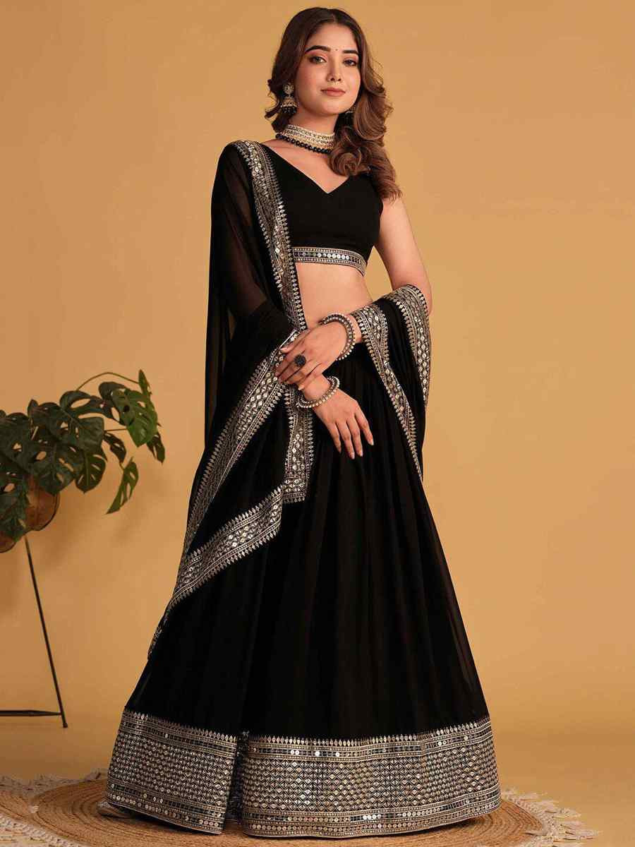 Black Faux Blooming Embroidered Reception Party Wear Heavy Border Lehenga Choli