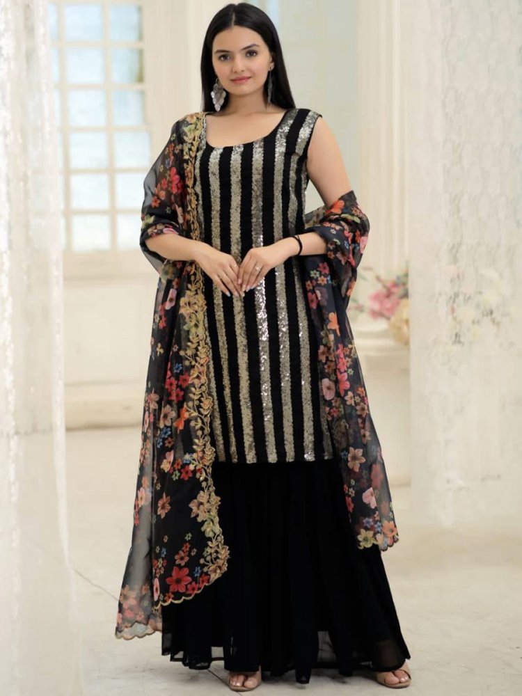 Black Faux Blooming Embroiderd Festival Party Ready Palazzo Pant Salwar Kameez