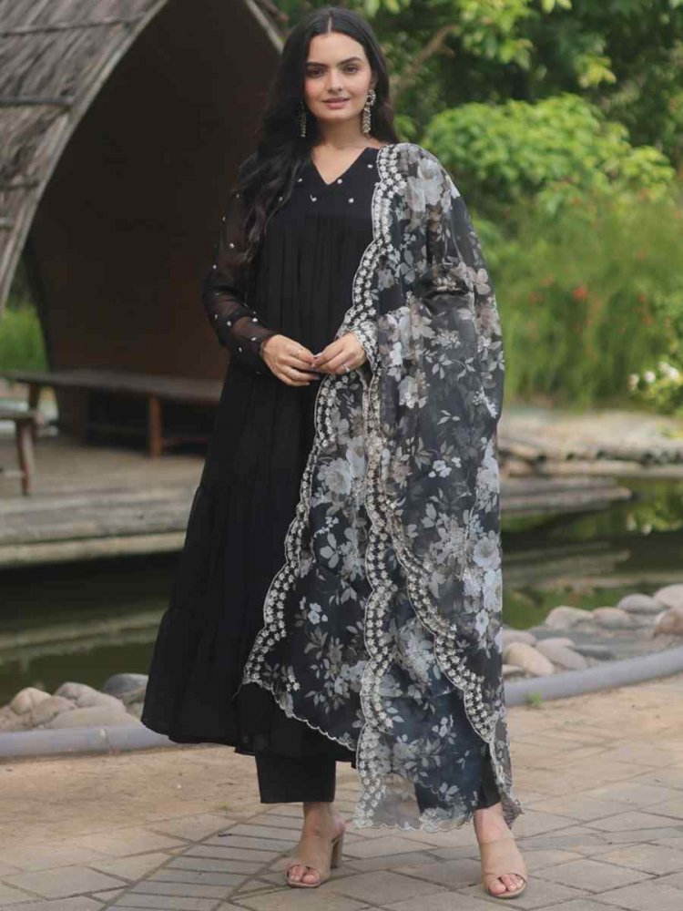 Black Faux Blooming Embroidered Festival Casual Ready Anarkali Salwar Kameez