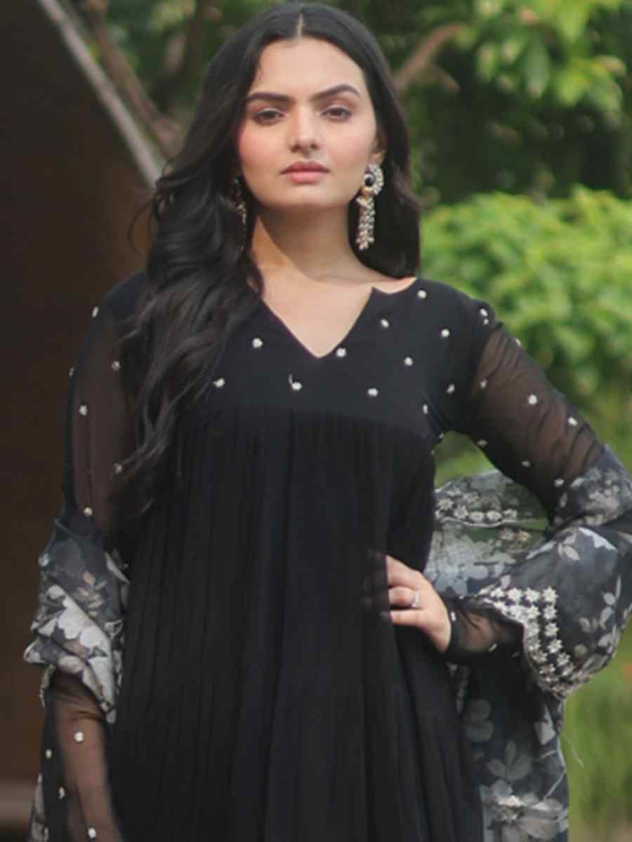Black Faux Blooming Embroidered Festival Casual Ready Anarkali Salwar Kameez