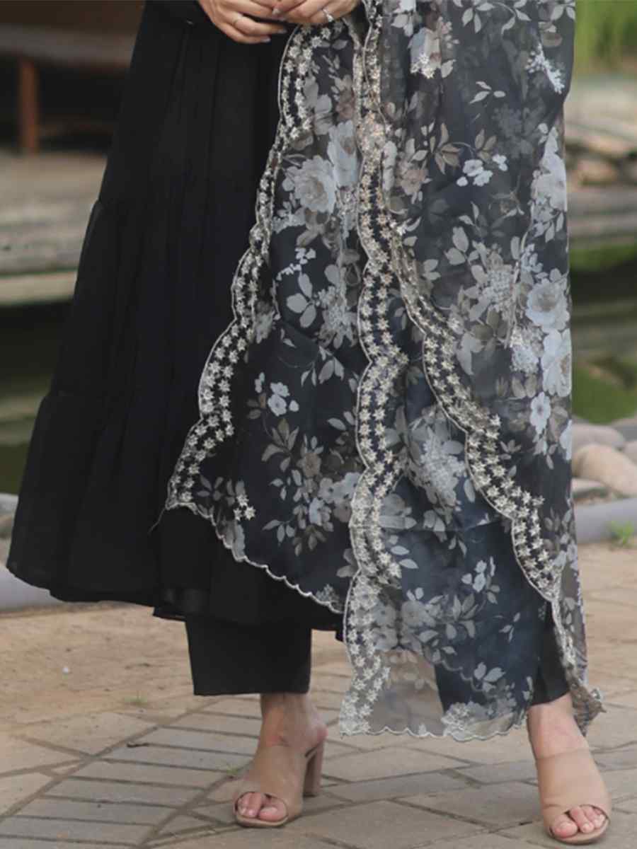 Black Faux Blooming Embroidered Festival Casual Ready Anarkali Salwar Kameez