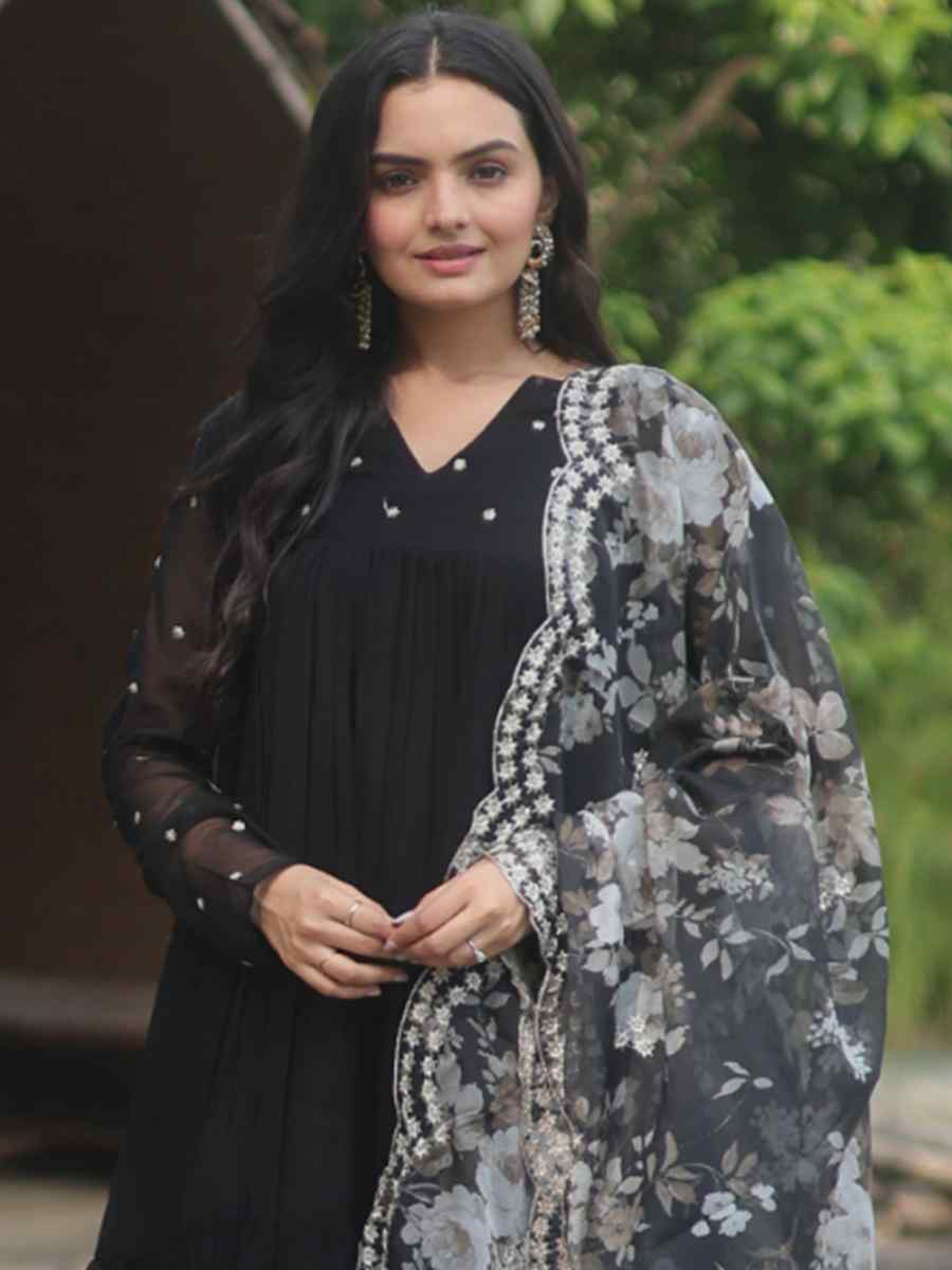 Black Faux Blooming Embroidered Festival Casual Ready Anarkali Salwar Kameez