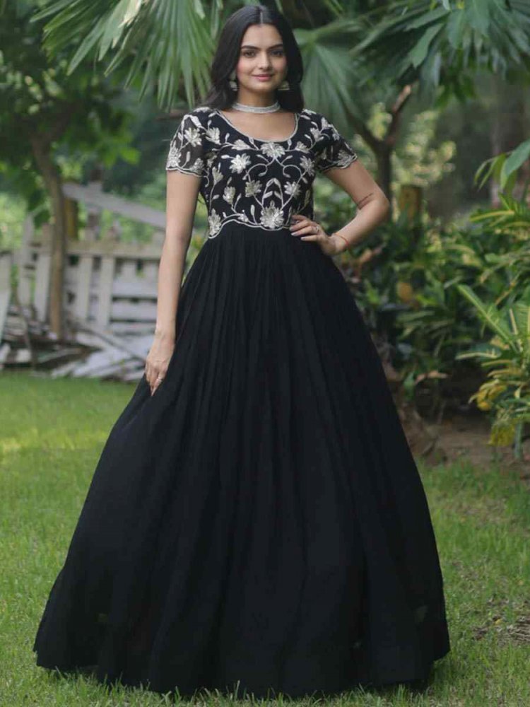 Black Faux Blooming Embroidered Festival Party Gown