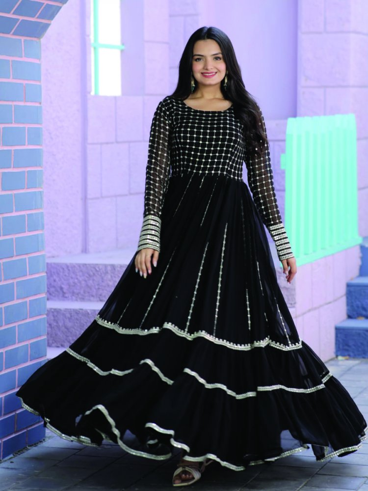 Black Faux Blooming Embroidered Festival Party Gown