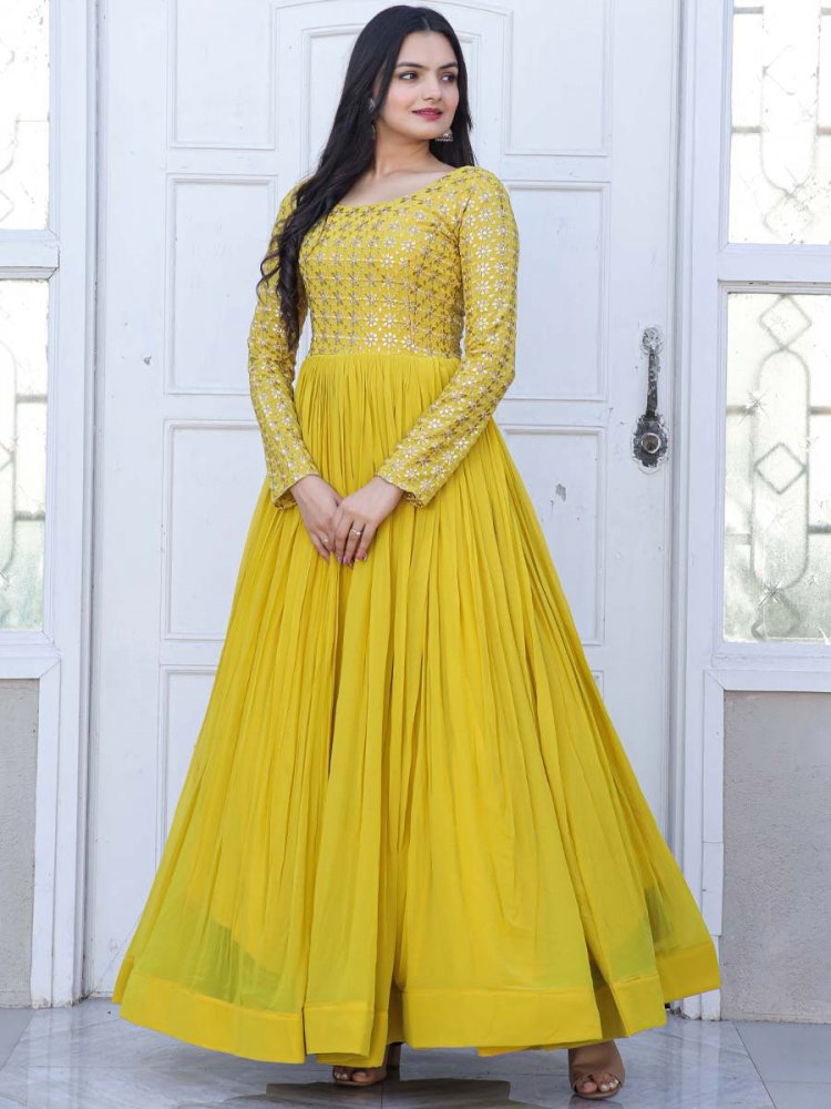 Yellow Faux Blooming Embroidered Festival Party Gown