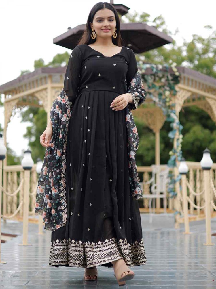 Black Faux Blooming Georgette Embroidered Festival Party Gown