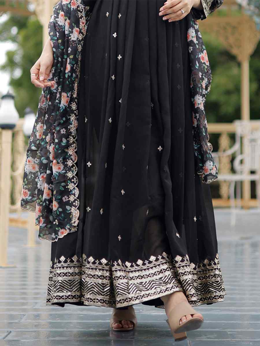 Black Faux Blooming Georgette Embroidered Festival Party Gown