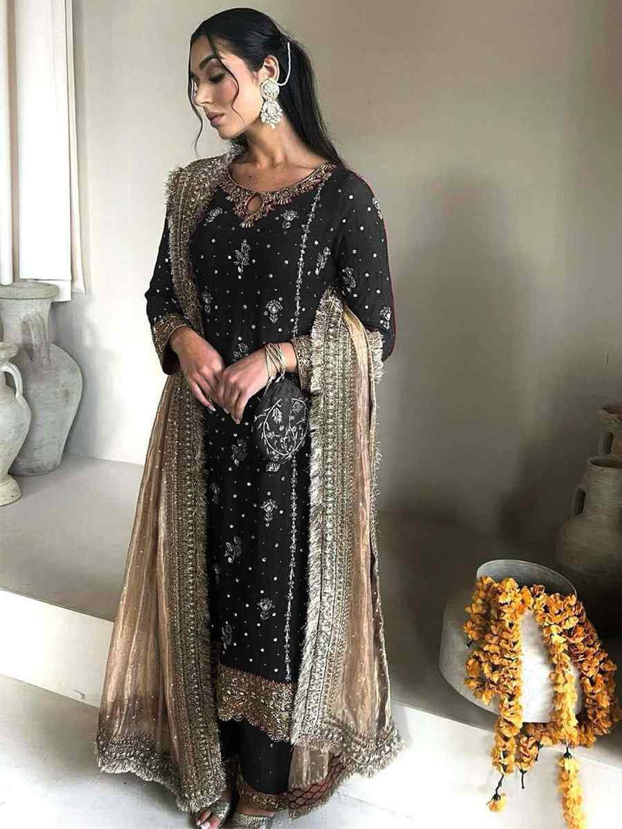 Black Faux Georgette Embroidered Party Wedding Ready Palazzo Pant Salwar Kameez
