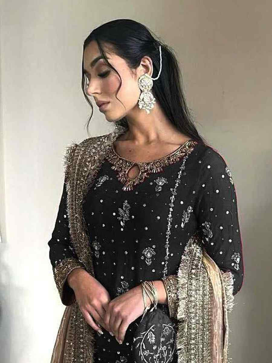 Black Faux Georgette Embroidered Party Wedding Ready Palazzo Pant Salwar Kameez