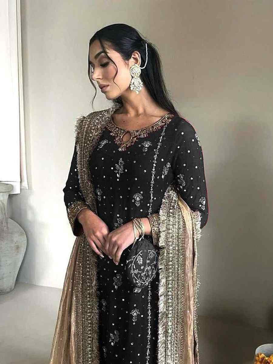 Black Faux Georgette Embroidered Party Wedding Ready Palazzo Pant Salwar Kameez