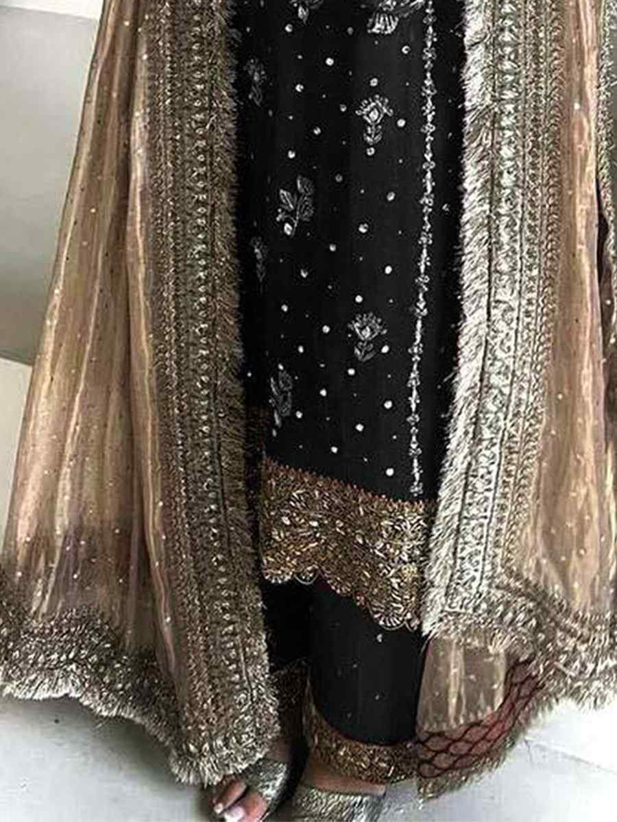 Black Faux Georgette Embroidered Party Wedding Ready Palazzo Pant Salwar Kameez