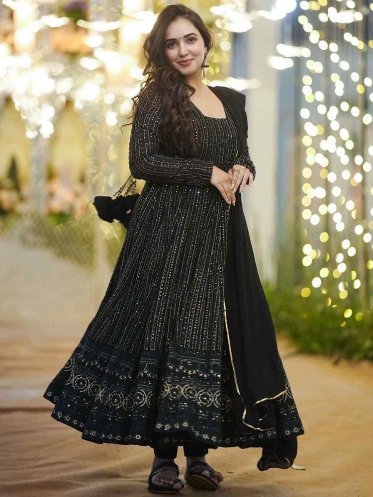 Black Faux Georgette Embroidered Festival Casual Gown