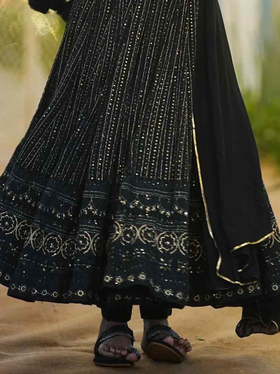 Black Faux Georgette Embroidered Festival Casual Gown