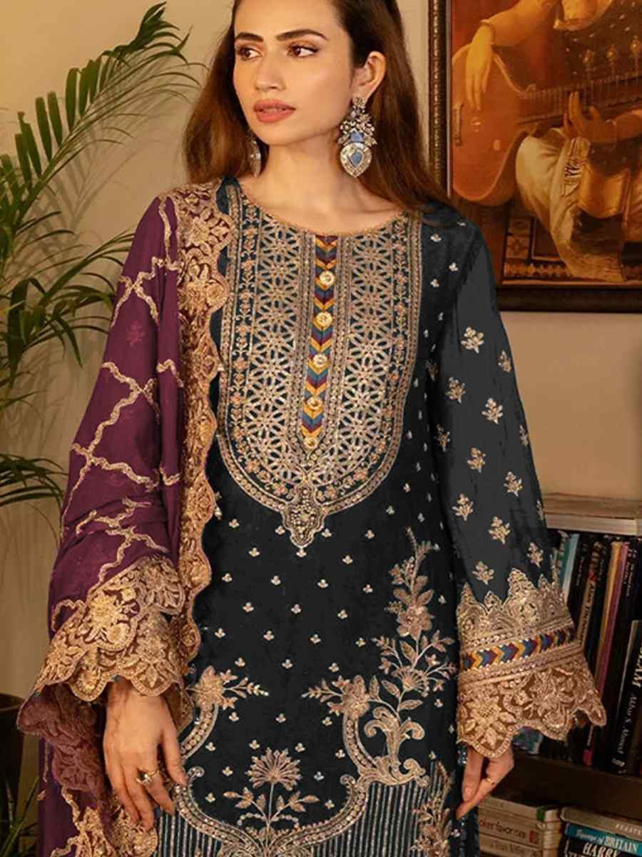 Black Faux Georgette Embroidered Festival Casual Pant Salwar Kameez