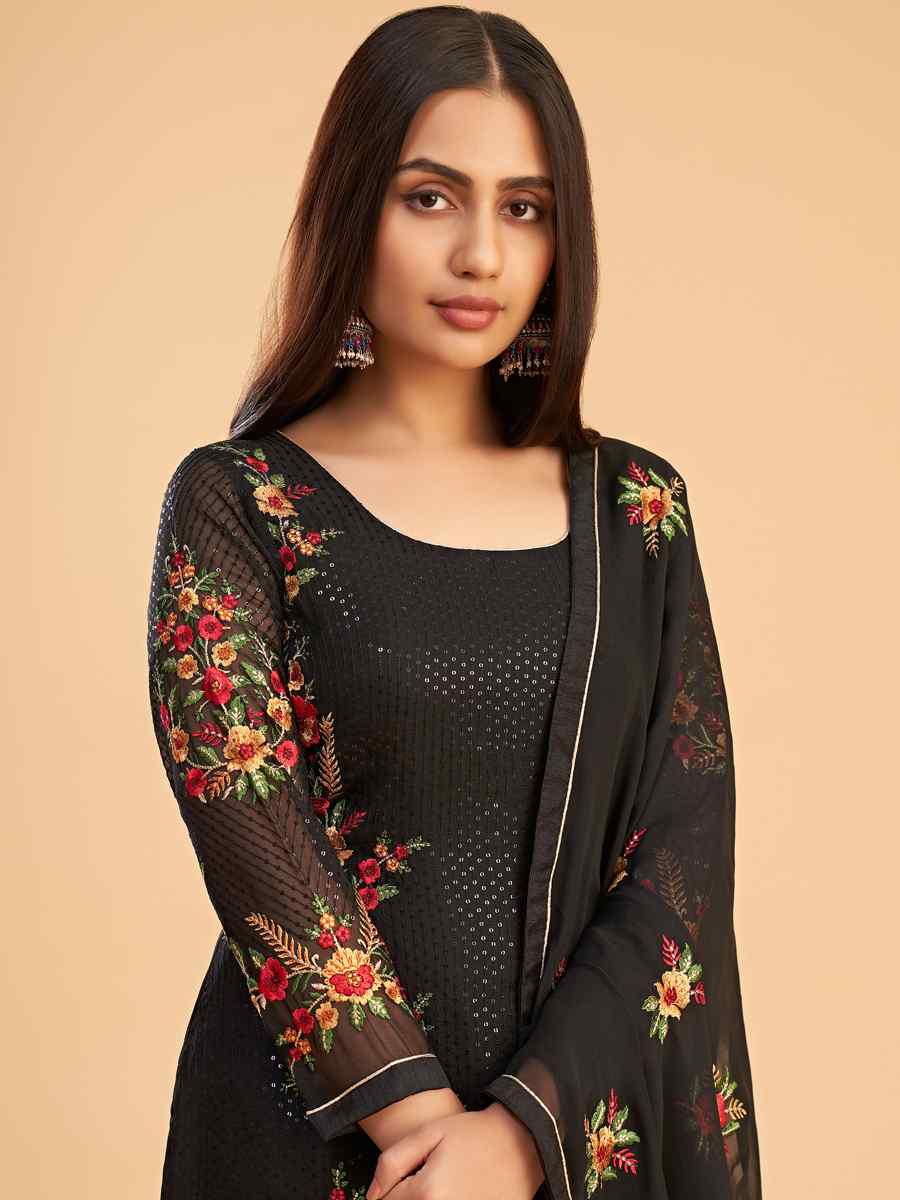 Black Faux Georgette Embroidered Festival Casual Pant Salwar Kameez