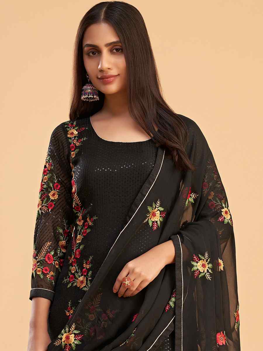 Black Faux Georgette Embroidered Festival Casual Pant Salwar Kameez
