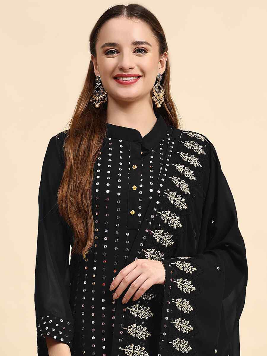 Black Faux Georgette Embroidered Festival Casual Pant Salwar Kameez